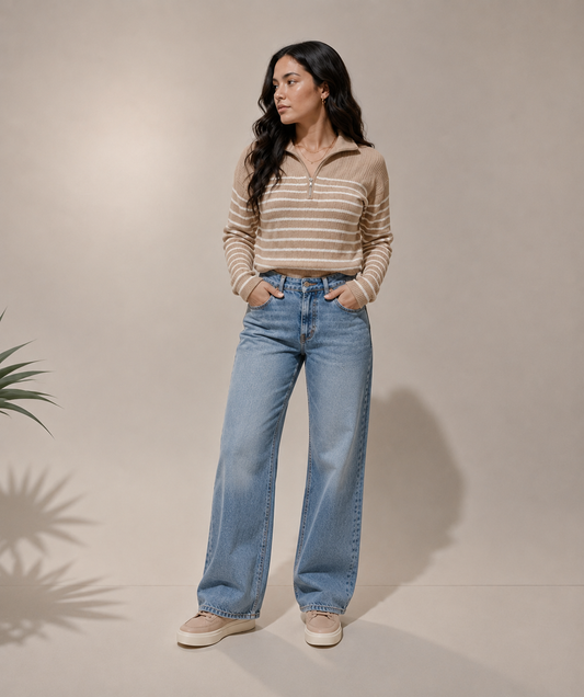 Buzo con Rayas Camel y Crema a la Moda Mujer | AMAZEE