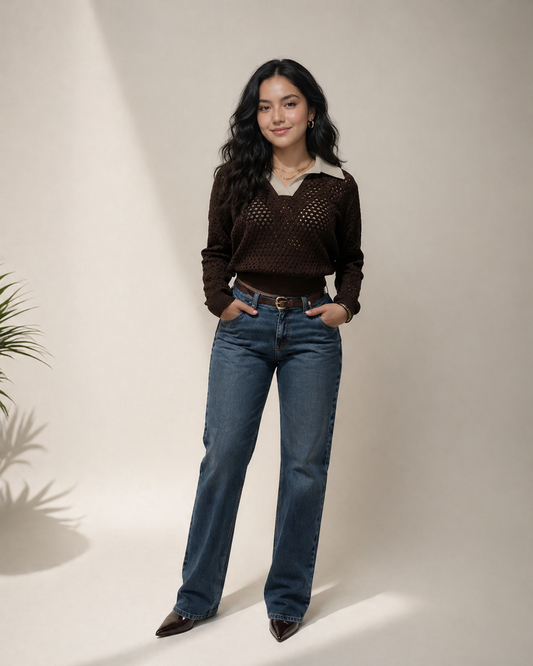 BUZO CROCHET POLO CAFÉ OSCURO